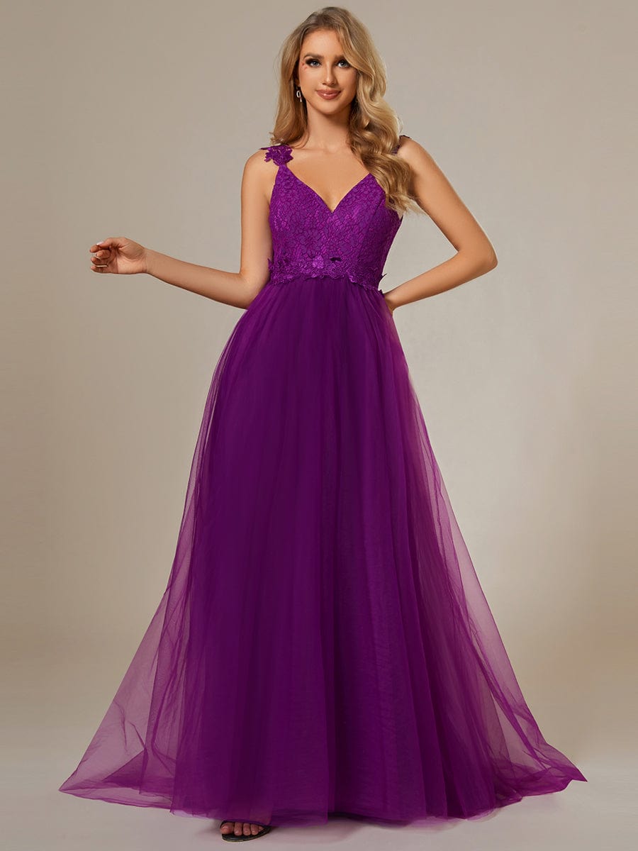 Double V Neck Lace Bodice Open Back Tulle Wedding Dress #color_Purple Wisteria