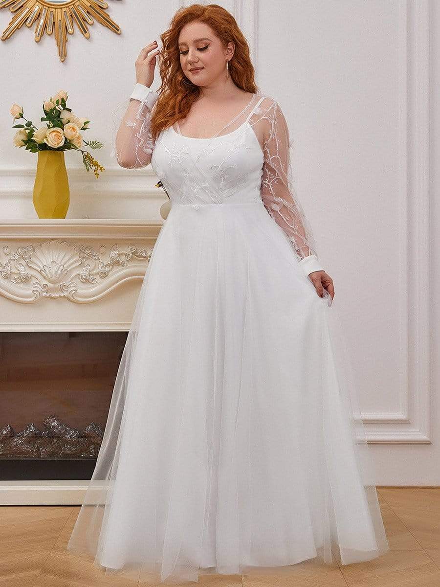 Color=Cream | Plus-Size Sheer Bodice Long Sleeves Causal Wedding Dress-Cream 2