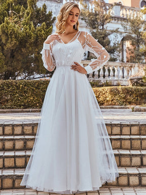 Color=Cream | Romantic Sheer Bodice Lantern Sleeve Causal Wedding Dress-Cream 9