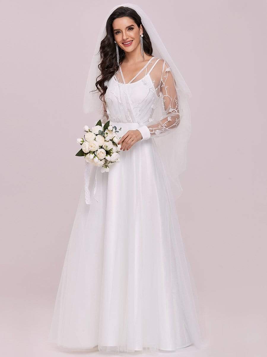 Color=Cream | Romantic Sheer Bodice Lantern Sleeve Causal Wedding Dress-Cream 1