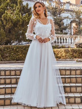 Color=Cream | Romantic Sheer Bodice Lantern Sleeve Causal Wedding Dress-Cream 10