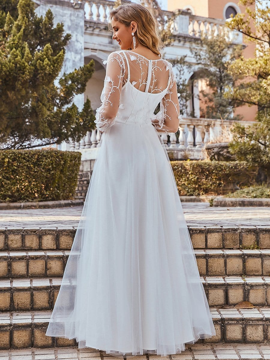 Color=Cream | Romantic Sheer Bodice Lantern Sleeve Causal Wedding Dress-Cream 8