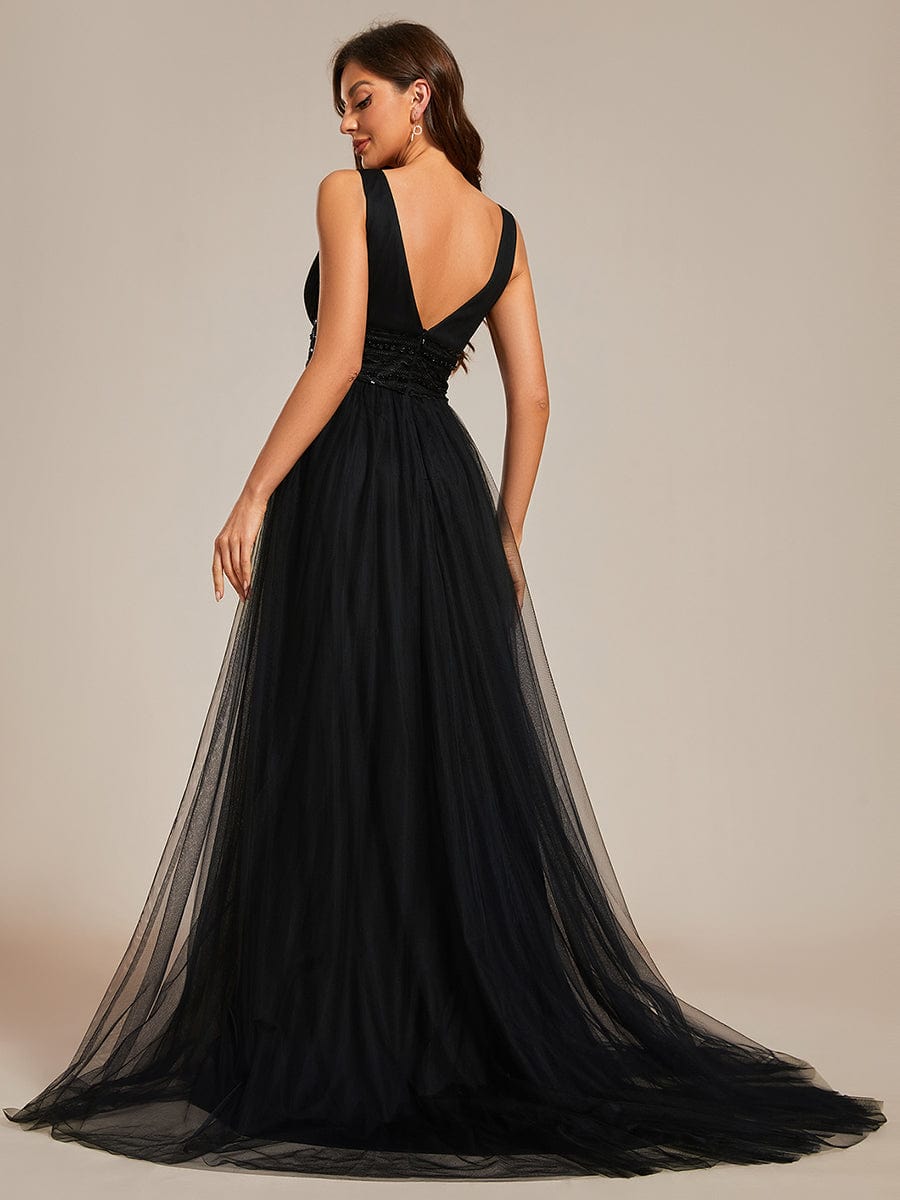 Vintage Sleeveless Lace Sheer Empire Waist A-Line Wedding Dress #color_Black