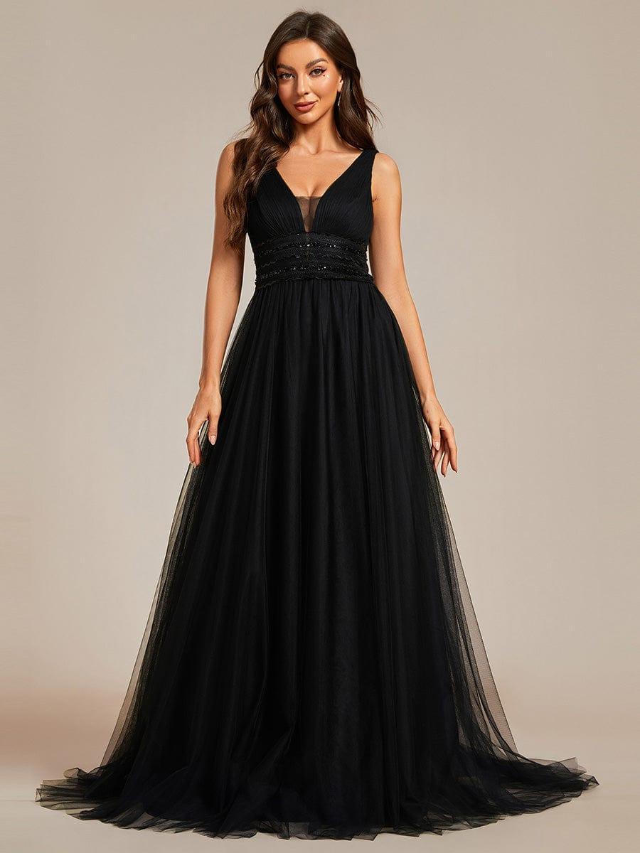 Vintage Sleeveless Lace Sheer Empire Waist A-Line Wedding Dress #color_Black