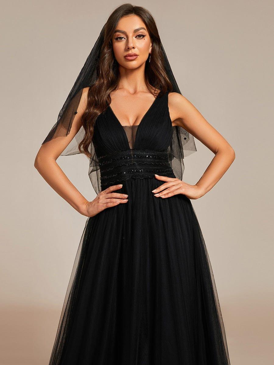 Vintage Sleeveless Lace Sheer Empire Waist A-Line Wedding Dress #color_Black