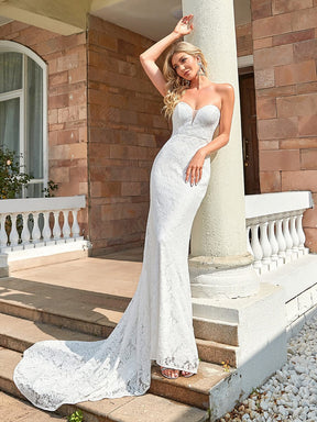 Elegant Strapless Lace Fit and Flare Causal Wedding Dress