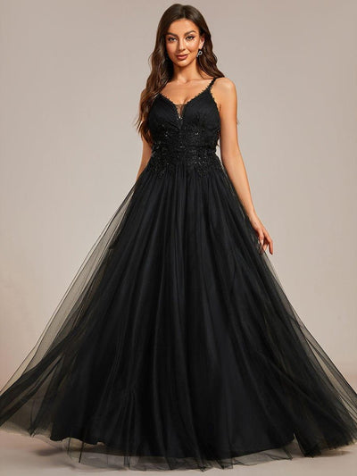Tulle Floral Spaghetti Strap Illusion V-Neck A-Line Wedding Dress #color_Black