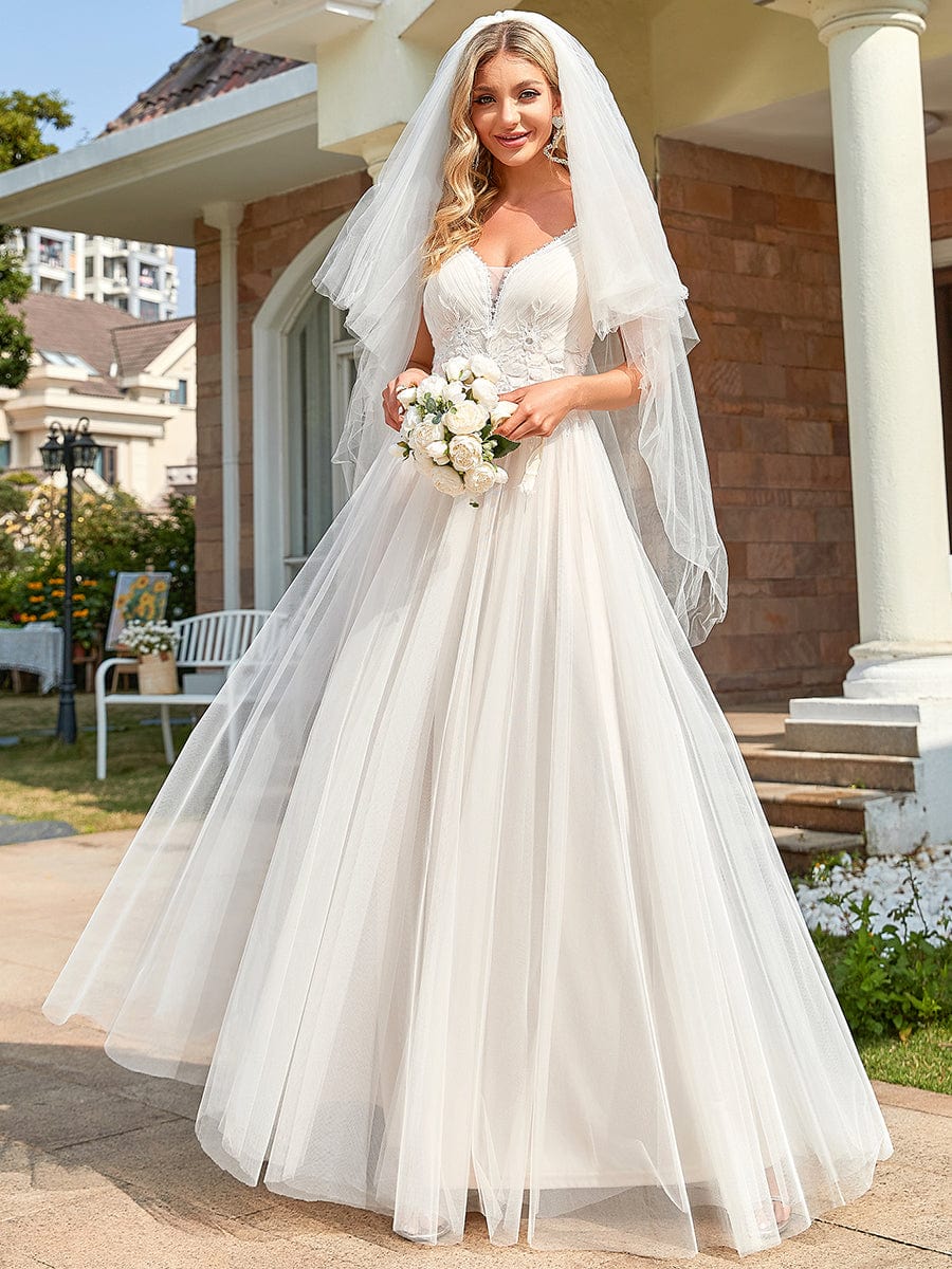 Tulle Floral Spaghetti Strap Illusion V-Neck A-Line Wedding Dress #color_Ivory 