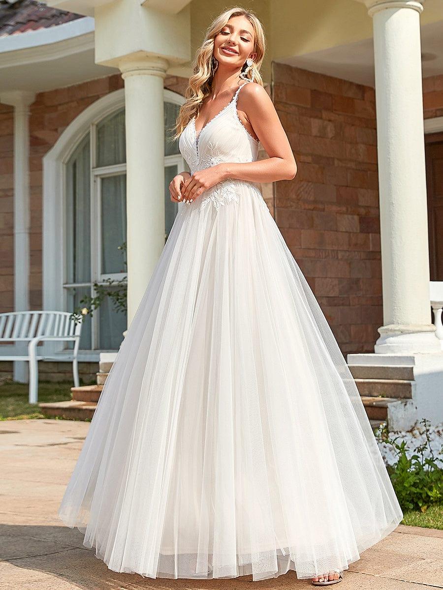 Vintage Tulle Floral Applique Spaghetti Strap A-Line Wedding Dress