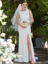Sleeveless Floral Lace High Neck Side Slit Fishtail Wedding Dress #Color_White