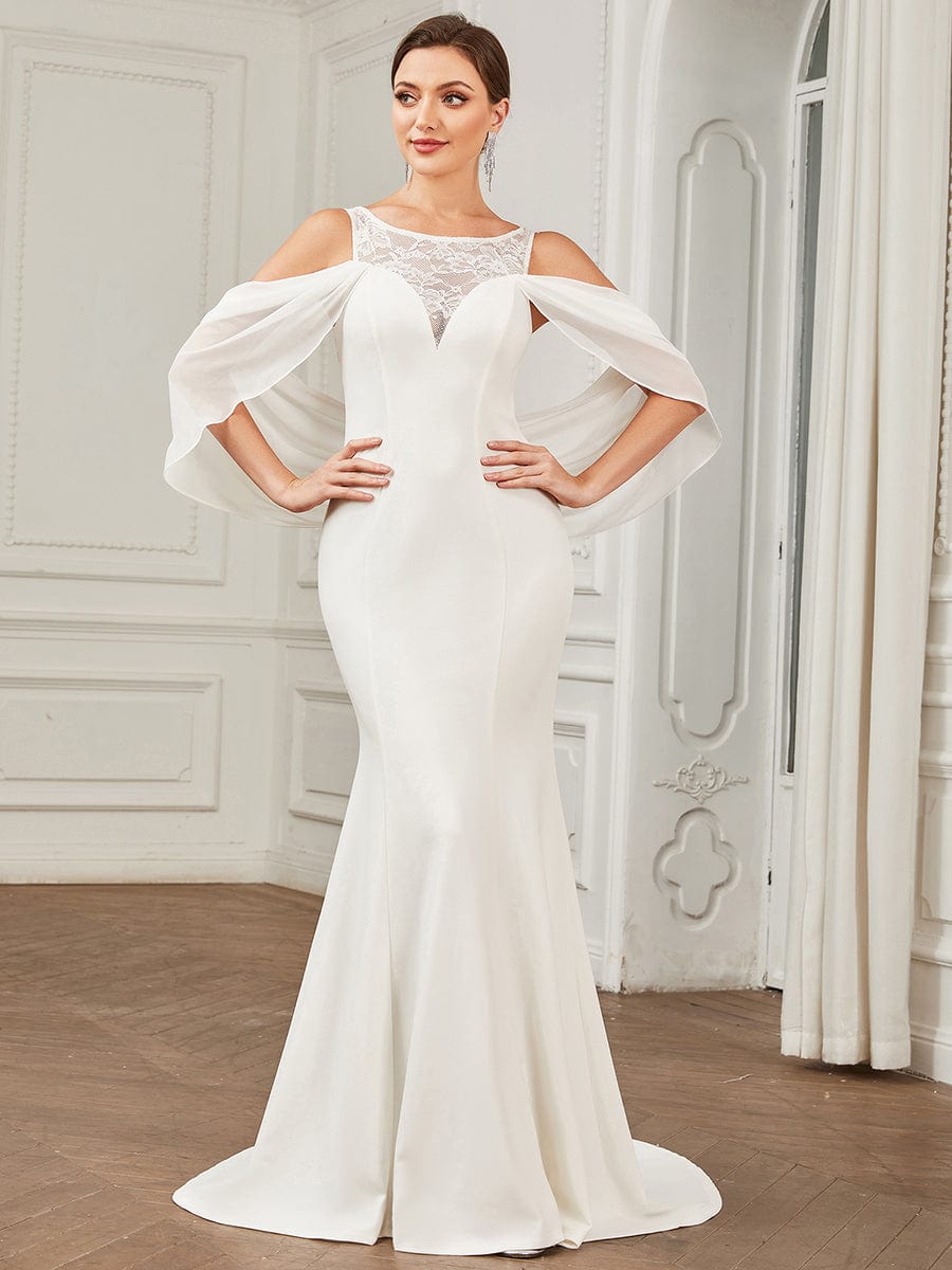 Chiffon Cold Shoulder Draped Sleeve Lace Fishtail Wedding Dress