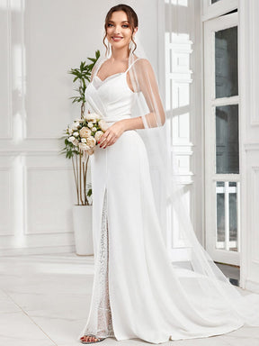 V-Neck Spaghetti Strap Lace A-Line Front Slit Wedding Dress