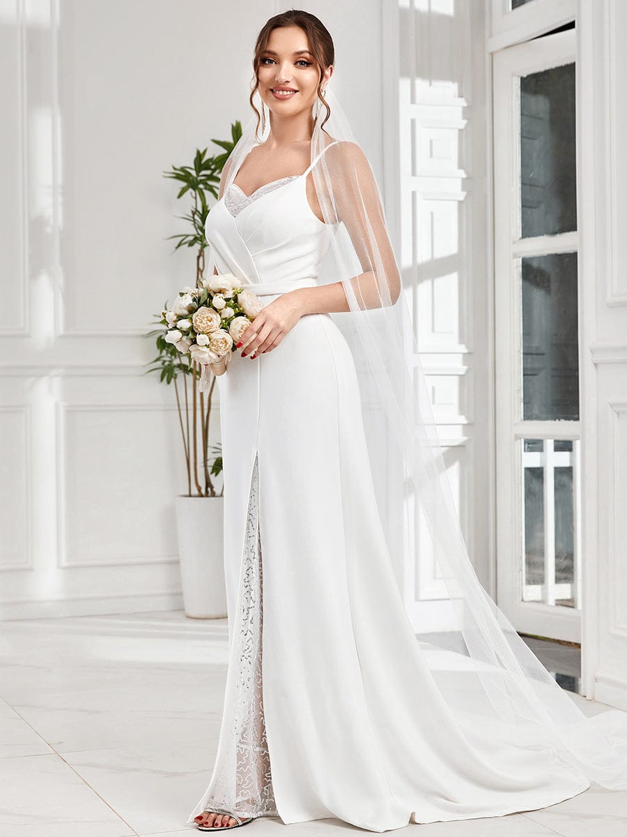 V-Neck Spaghetti Strap Lace A-Line Front Slit Wedding Dress