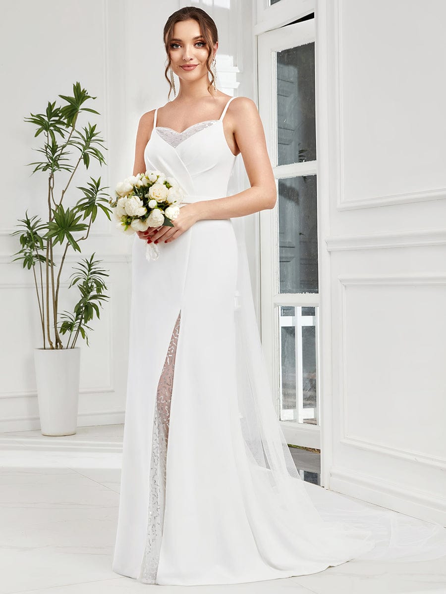 V-Neck Spaghetti Strap Lace A-Line Front Slit Wedding Dress