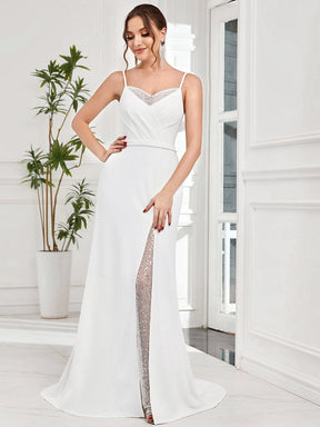 V-Neck Spaghetti Strap Lace A-Line Front Slit Wedding Dress