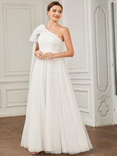 Asymmetrical Tie Sleeve Cinched Waist Layered Tulle A-line Wedding Dress #Color_White