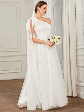 Asymmetrical Tie Sleeve Cinched Waist Layered Tulle A-line Wedding Dress