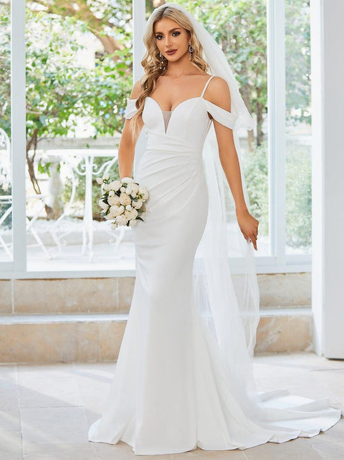 Vintage Sparkling White Mermaid Glitter Tulle Spaghetti Strap Train Wedding Dress DP3666