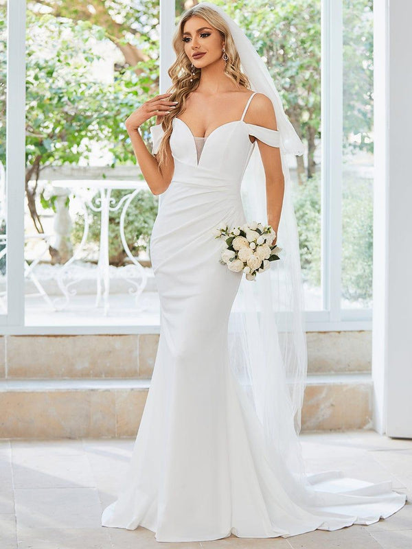 Pale Yellow Spaghetti Strap Backless Slit Mermaid Evening Gown for Formal Wedding Party, PD01255