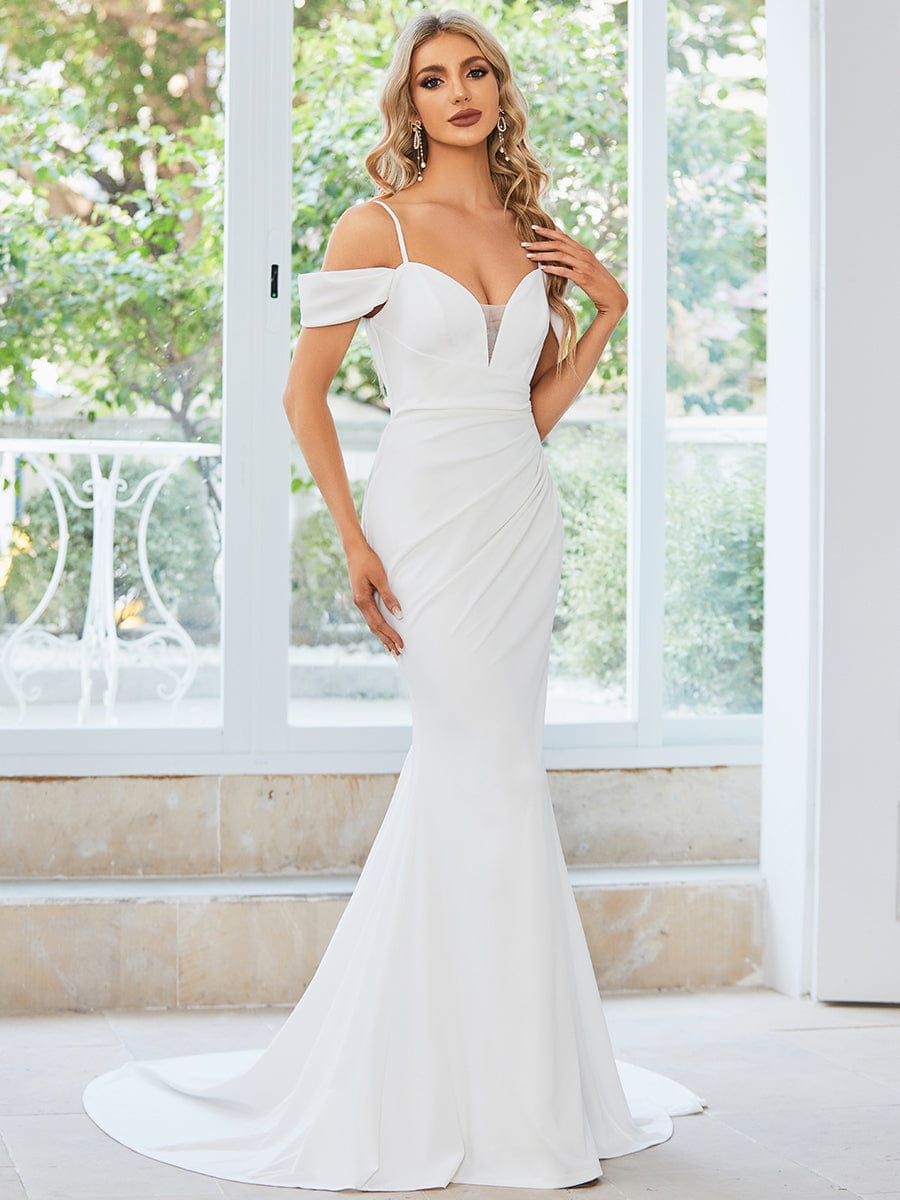 Spaghetti Strap Mermaid Pleated Deep V-Neck Wedding Dress #color_White