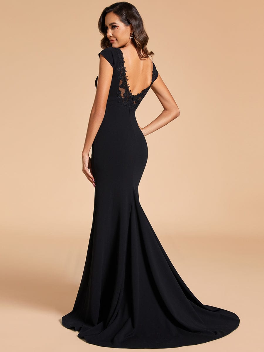 Cap Sleeve Deep V-Neck Backless Fishtail Wedding Dress #color_Black