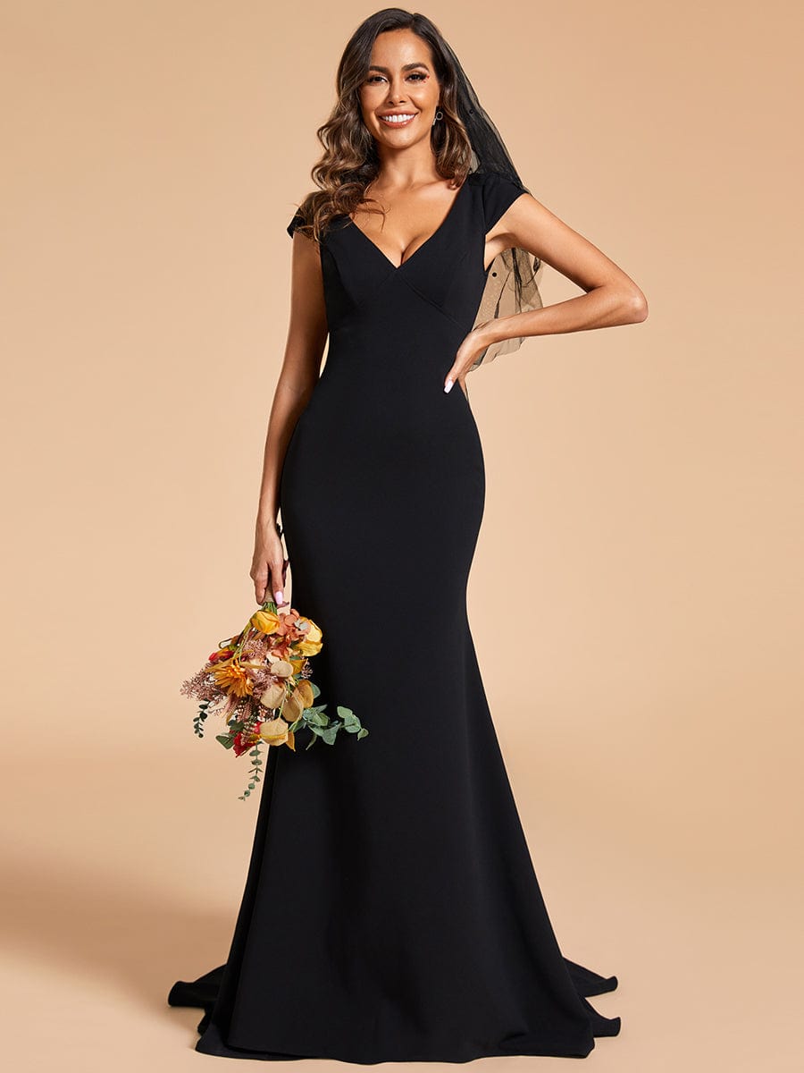 Cap Sleeve Deep V-Neck Backless Fishtail Wedding Dress #color_Black