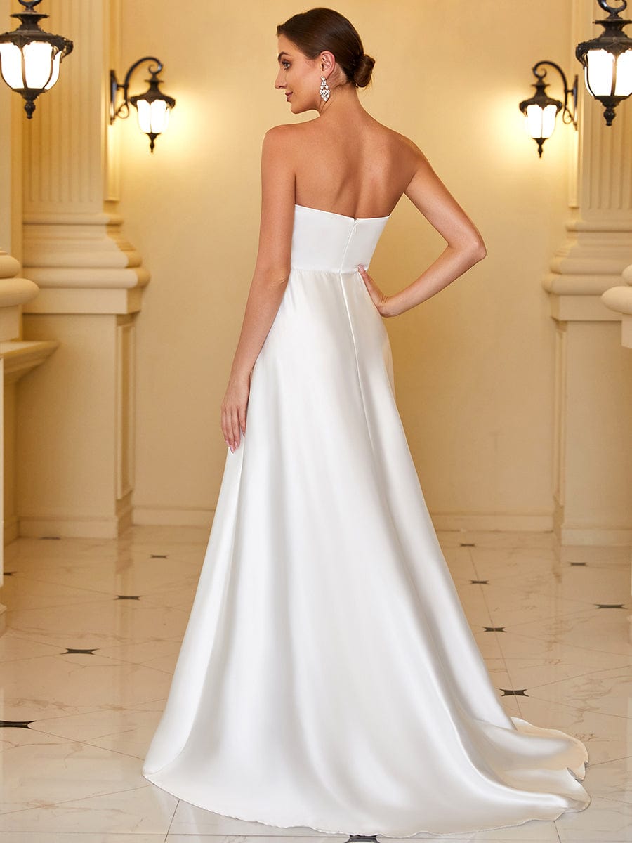 Satin Pleated Sweetheart Sleeveless Front Slit Wedding Dress #color_White