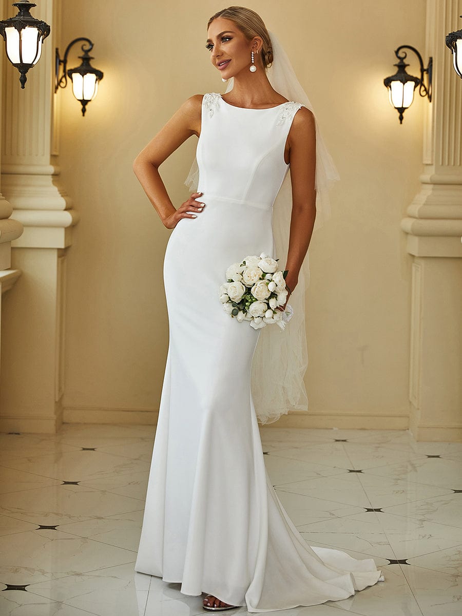 Bodycon Sleeveless High Neck Low Back Fishtail Wedding Dress #color_White 