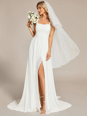 Minimalist Square Neckline High Slit Wedding Dress with Lace Applique