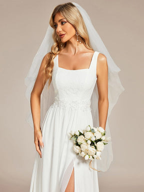 Minimalist Square Neckline High Slit Wedding Dress with Lace Applique