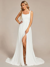 Minimalist Square Neckline High Slit Wedding Dress with Lace Applique #color_White