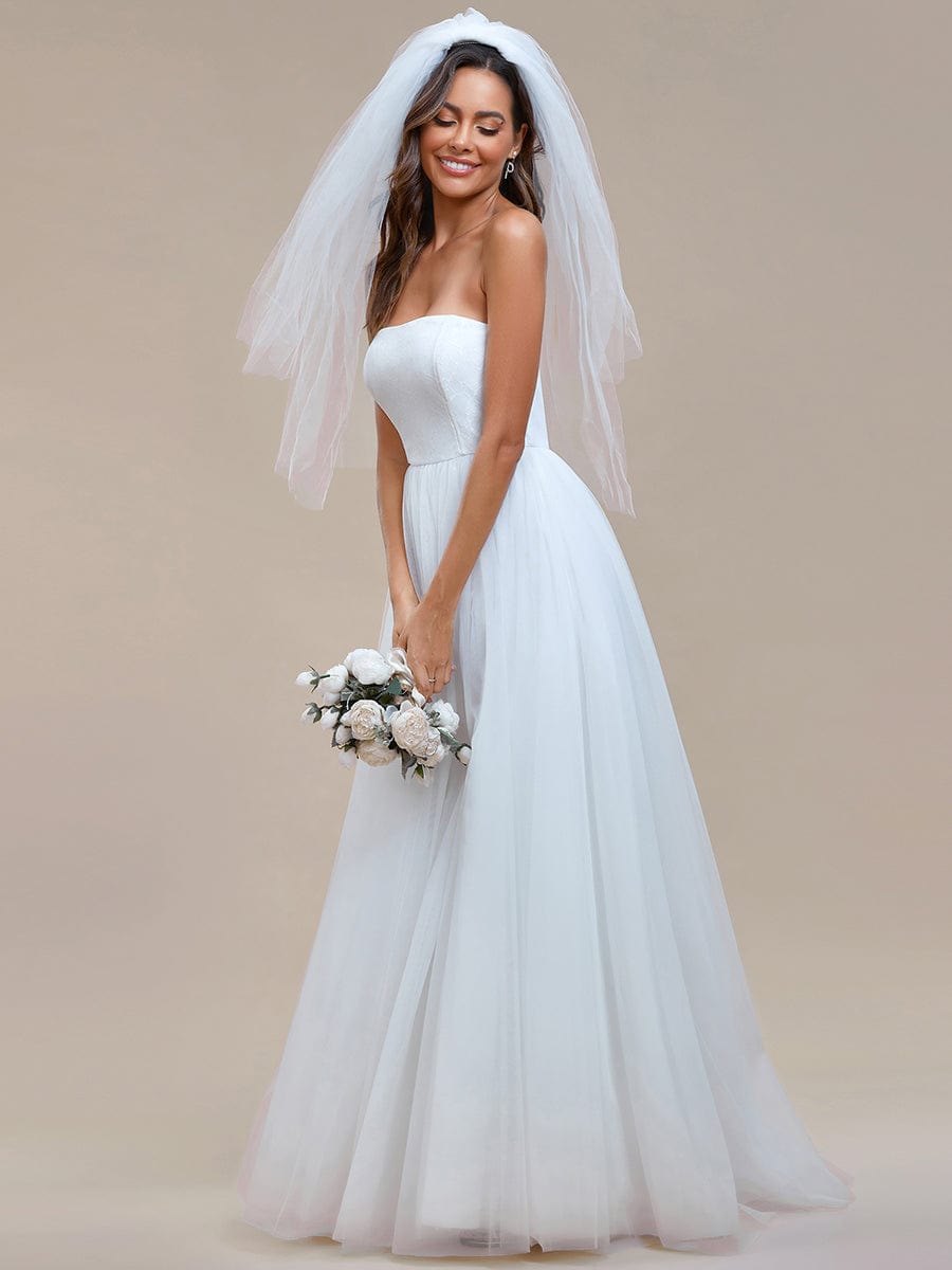 Romantic Back-laced Adjustable Strapless A-Line Tulle Wedding Dress #color_White