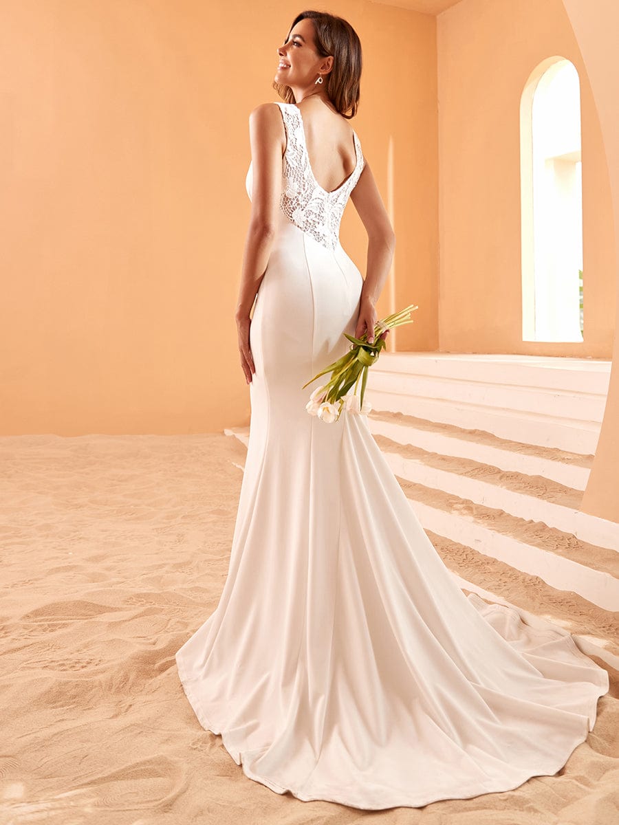 Embroidery Backless Mermaid Sleeveless Deep V-Neck Wedding Dress #color_White