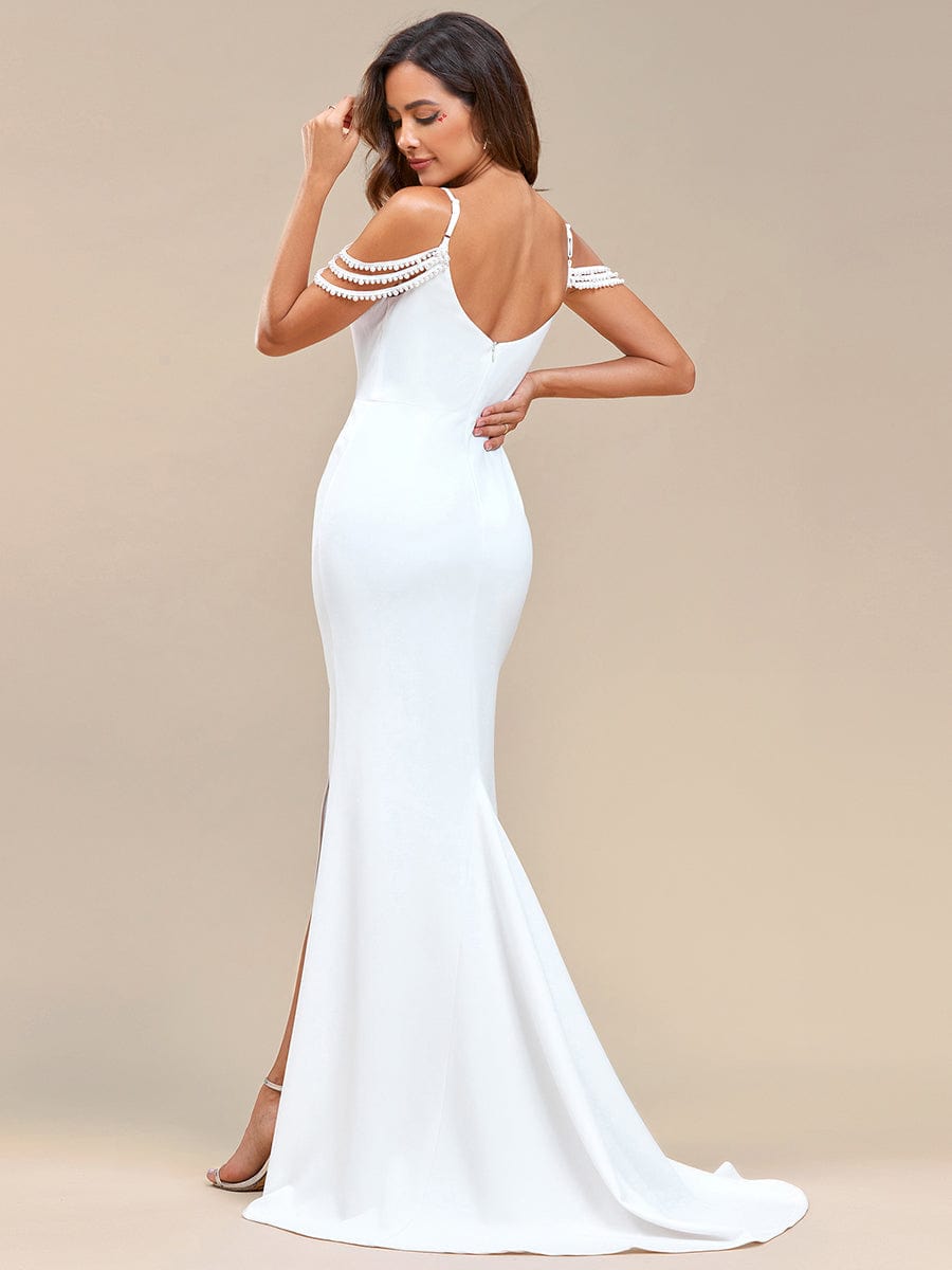 Peral Chain Cold Shoulder Front Slit Pleated Mermaid Wedding Dress #color_White