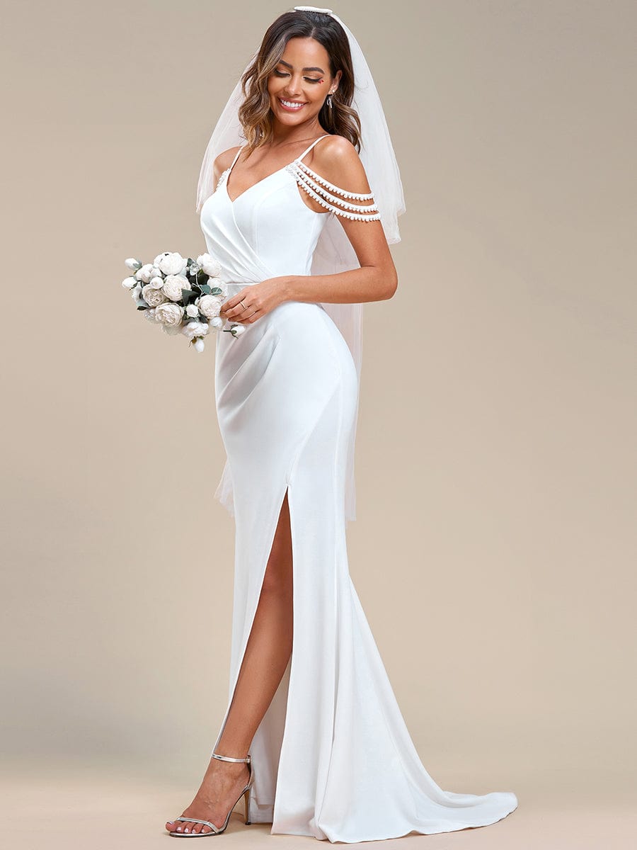 Pearl Chain Cold Shoulder Front Slit Pleated Mermaid Wedding Dress