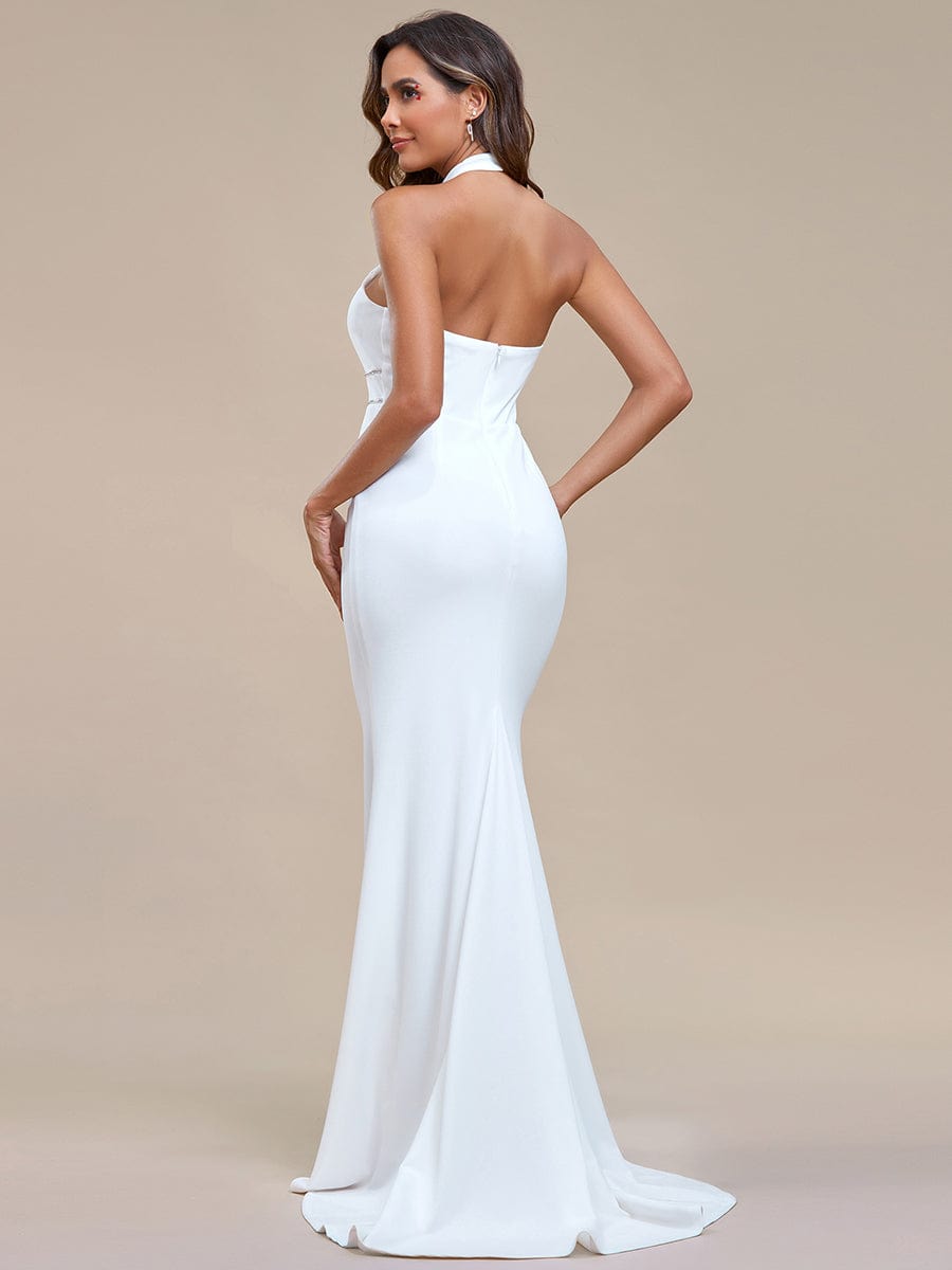 Halter Hollow Out Sleeveless Waist Detail Mermaid Wedding Dress #color_White