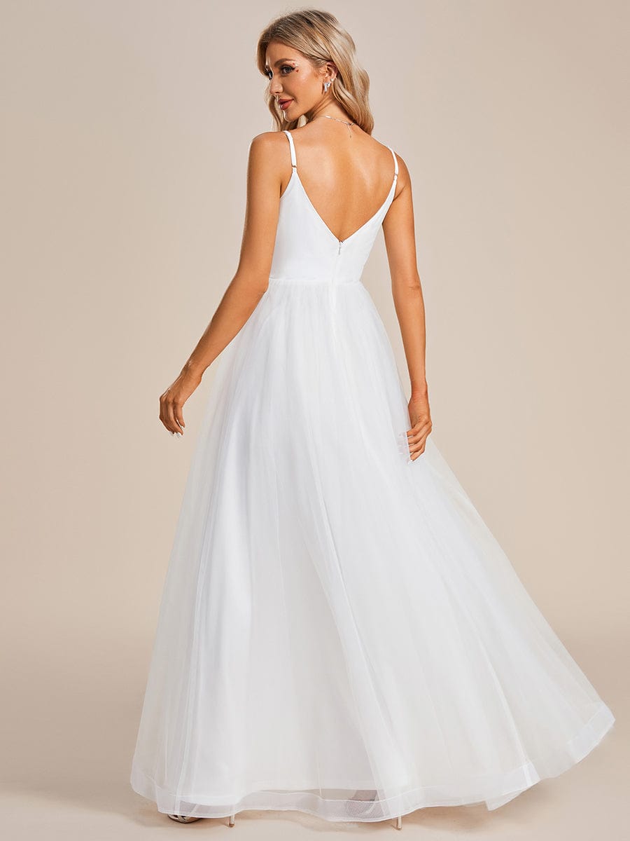 Spaghetti Straps V-Neck Waist Applique A-Line Tulle Wedding Dress #color_White