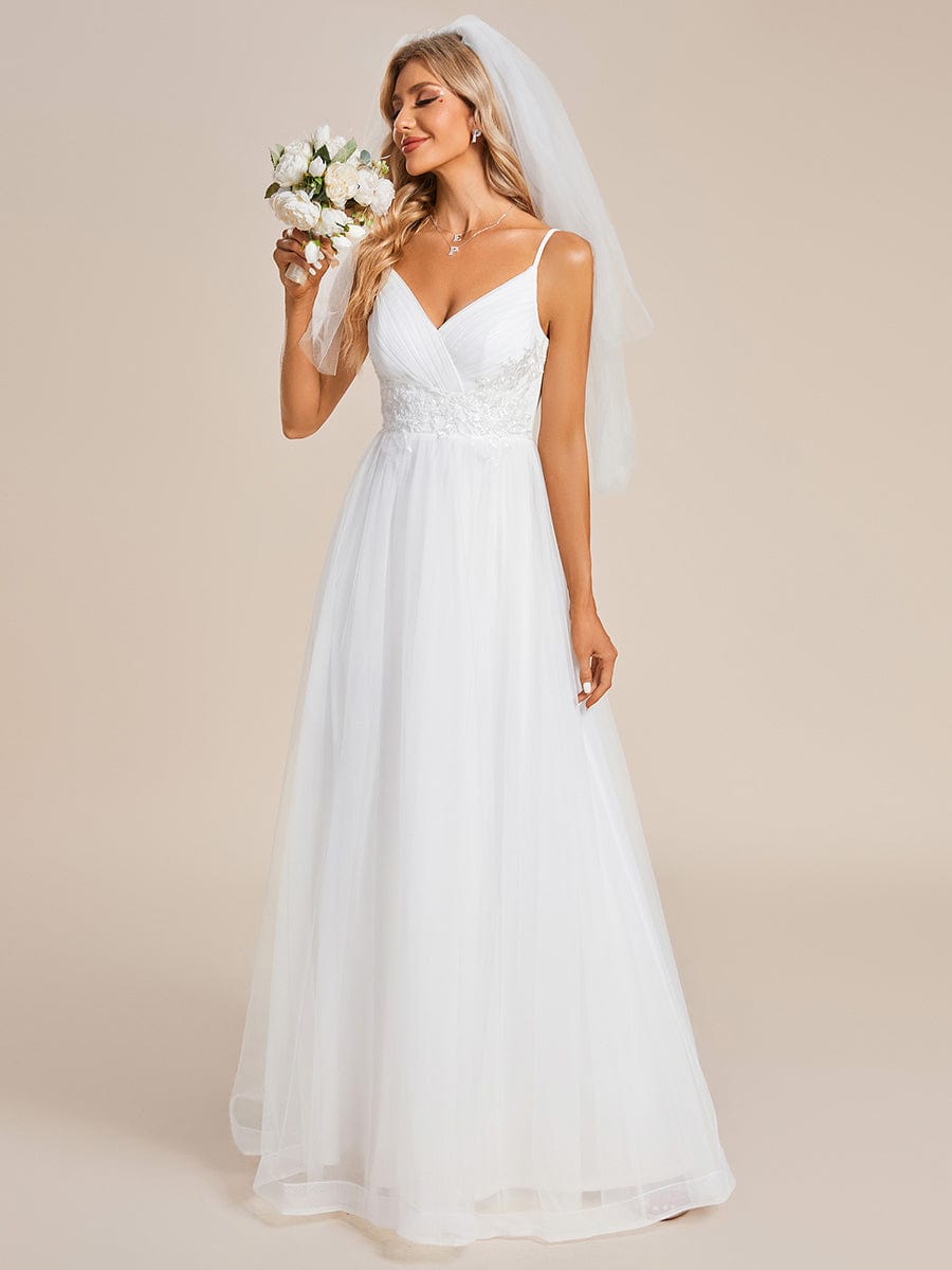 Spaghetti Straps V-Neck Waist Applique A-Line Tulle Wedding Dress