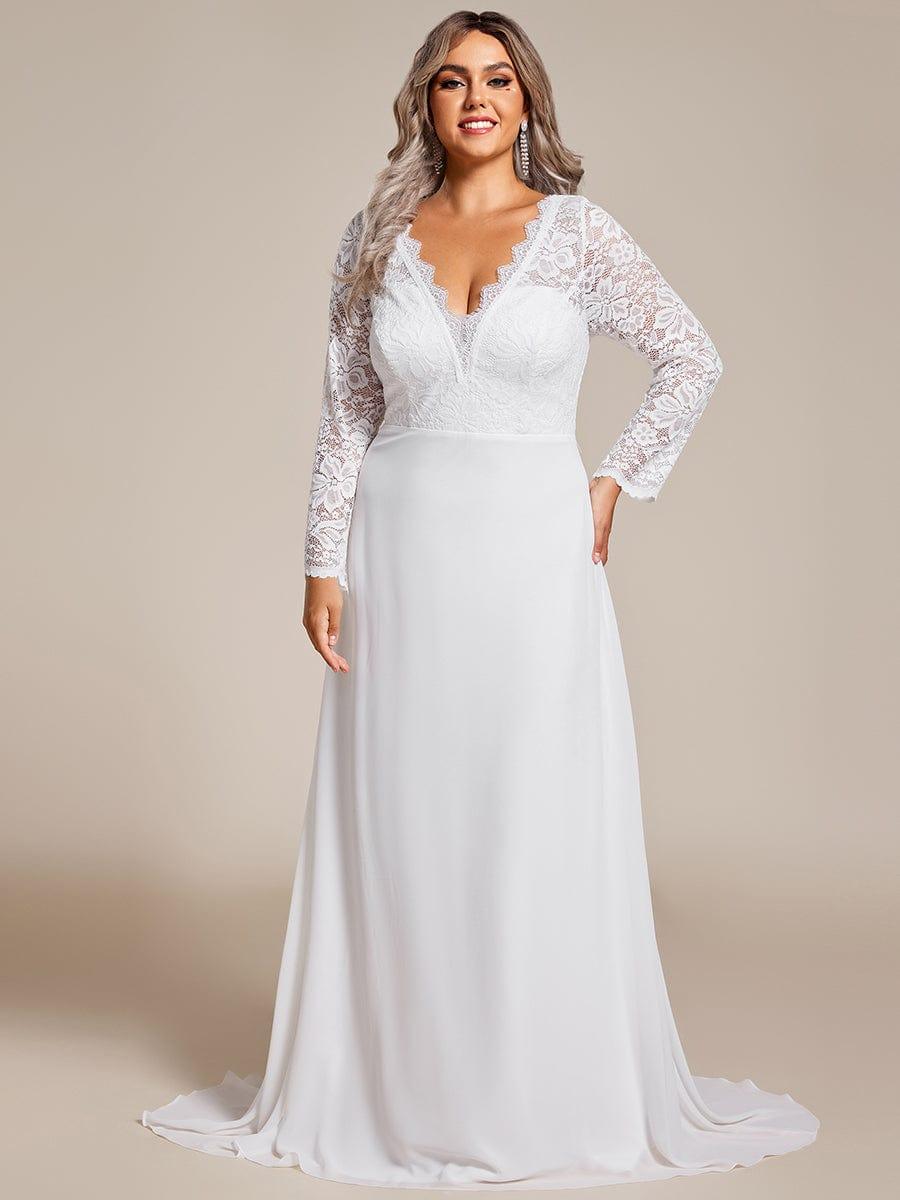 Plus Size Lace Long Sleeves Eyelash Edge Bodycon Mermaid Chiffon Wedding Dress #color_White