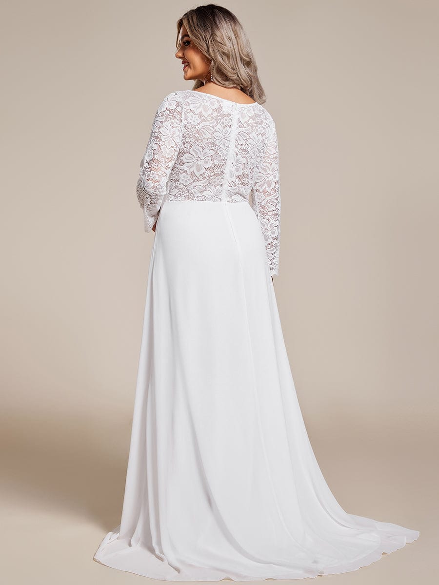 Plus Size Lace Long Sleeves Eyelash Edge Bodycon Mermaid Chiffon Wedding Dress #color_White