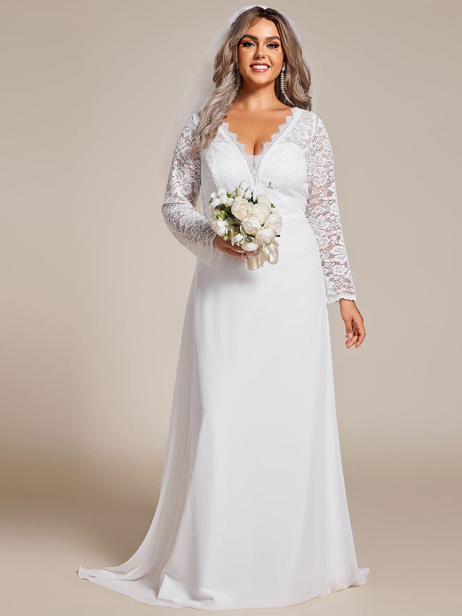Plus Size Lace Long Sleeves Eyelash Edge Bodycon Mermaid Chiffon Wedding Dress #color_White