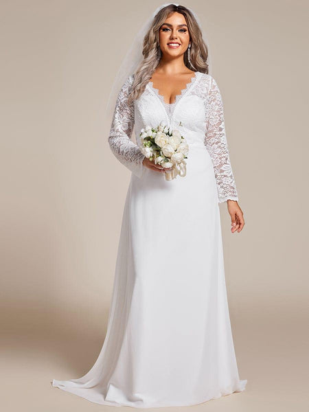 Plus Size Long Sleeves Bodycon V-Neck Lace Top Wedding Dress with Chiffon Plus Size Long Sleeves Bodycon V-Neck Lace Top Wedding Dress with Chiffon
