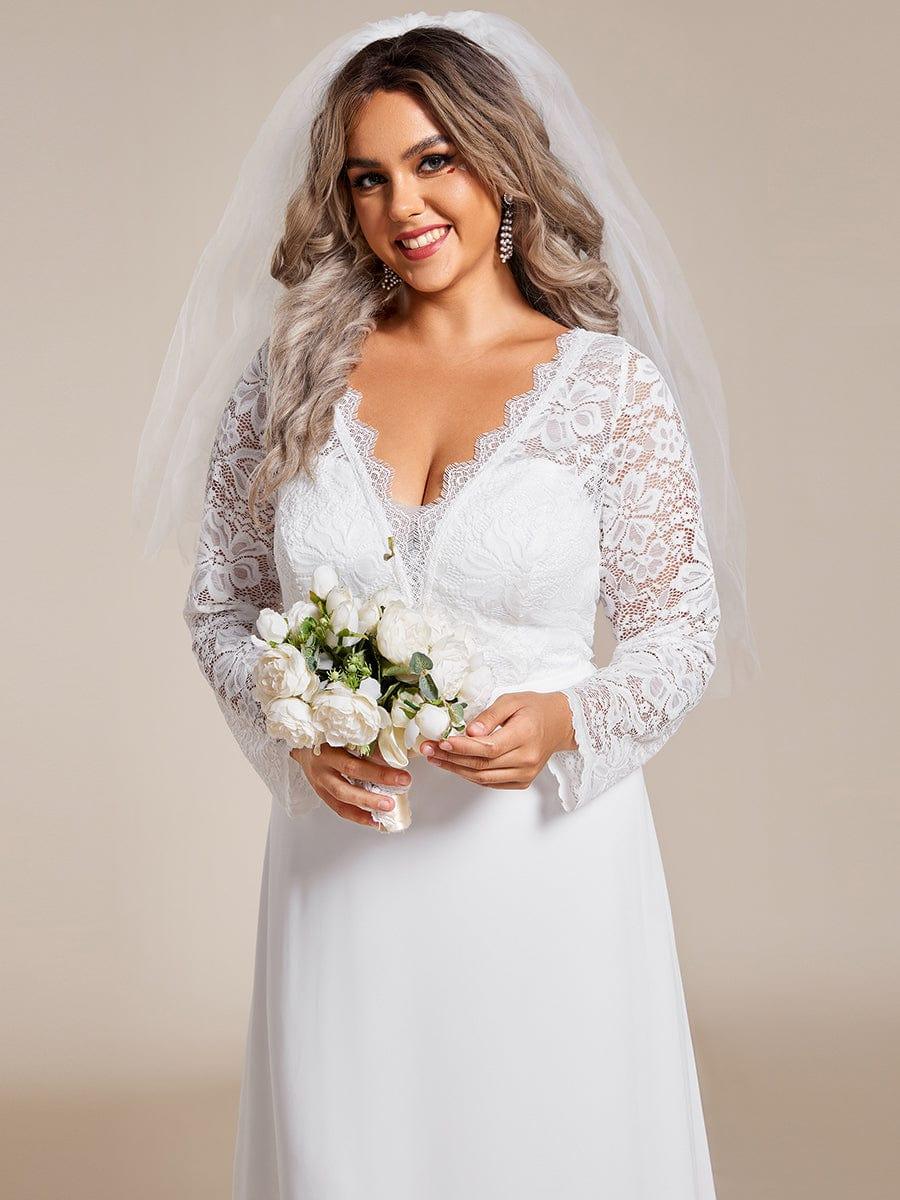 Lace Long Sleeves Eyelash Edge Bodycon Mermaid Chiffon Wedding Dress #color_White