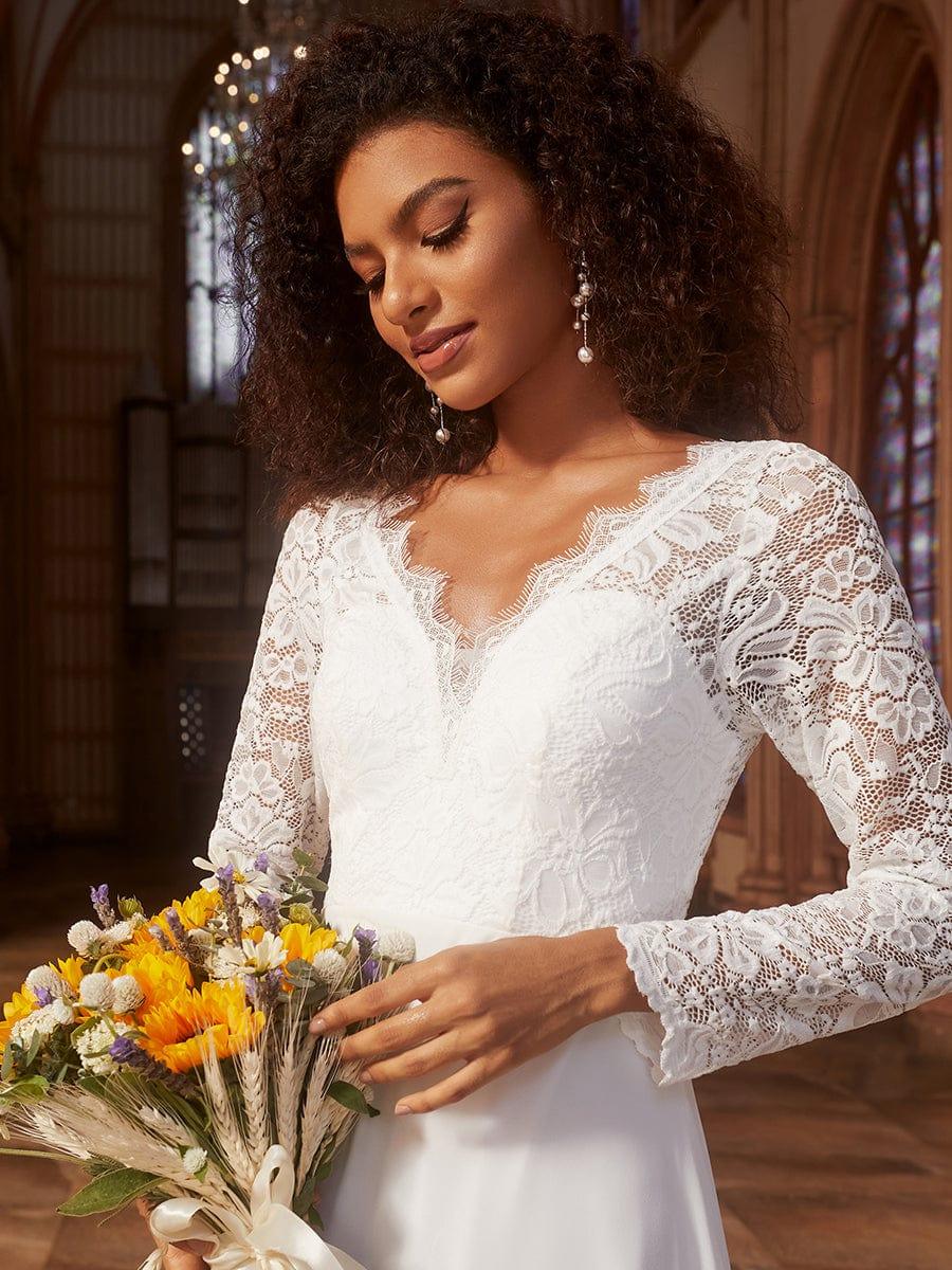 SatinマーメイドEye Lash Laceドレス Long Sleeves Bodycon V-Neck Lace Top Wedding Dress with Chiffon