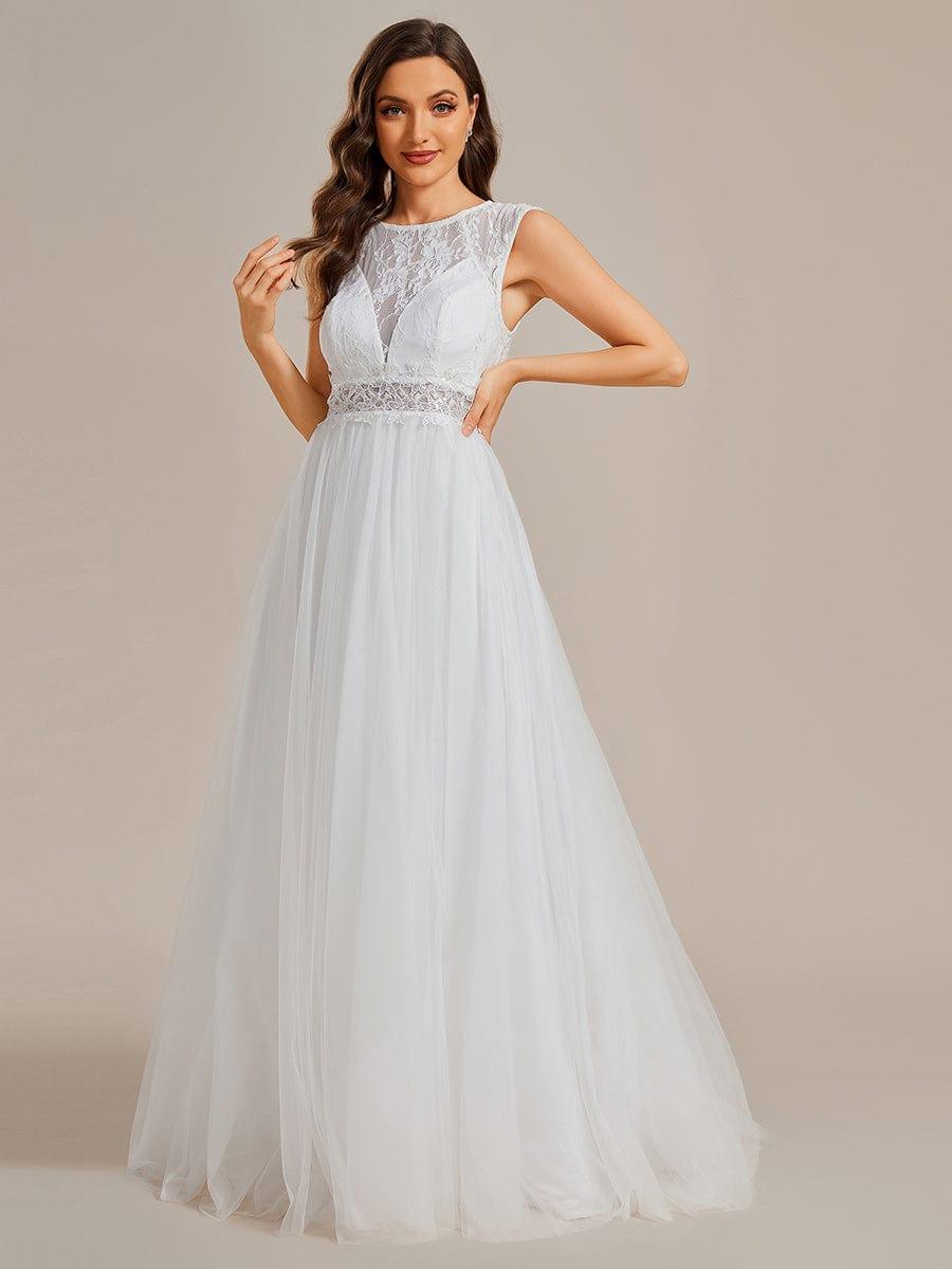 Cover Sleeve See-Through Round Neckline Lace Embroidery Wedding Dress #color_White