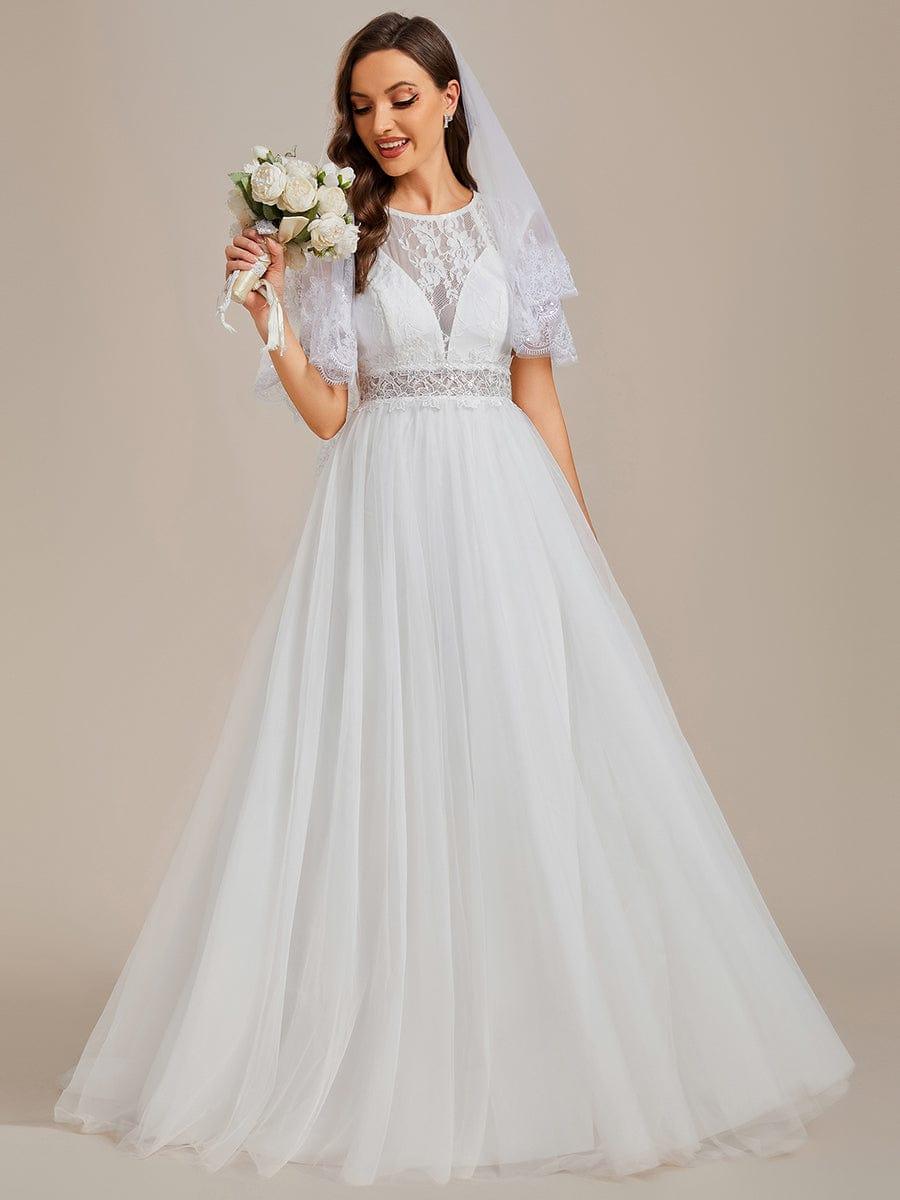 Cover Sleeve See-Through Round Neckline Lace Embroidery Wedding Dress #color_White