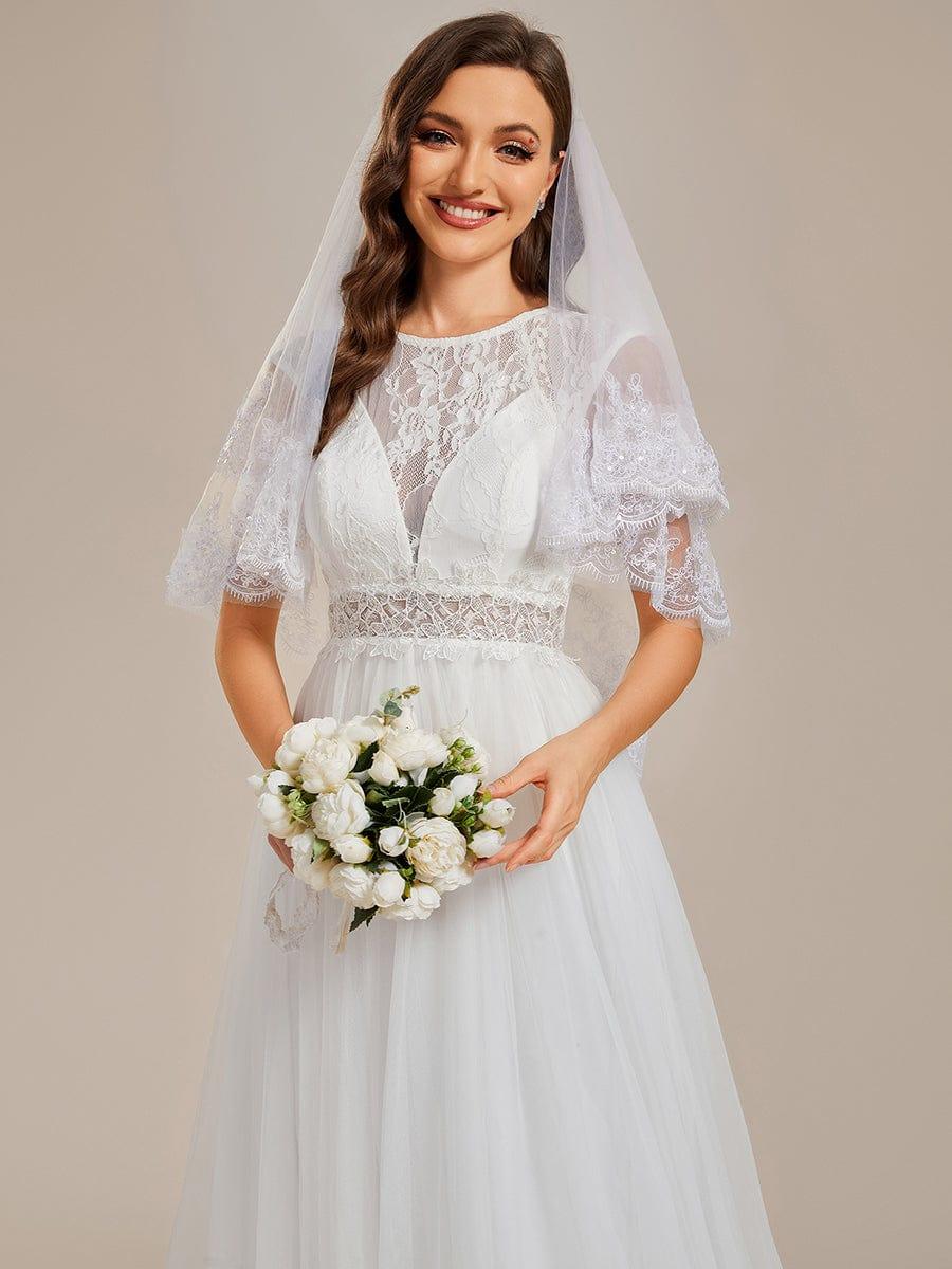 Cover Sleeve See-Through Round Neckline Lace Embroidery Wedding Dress #color_White