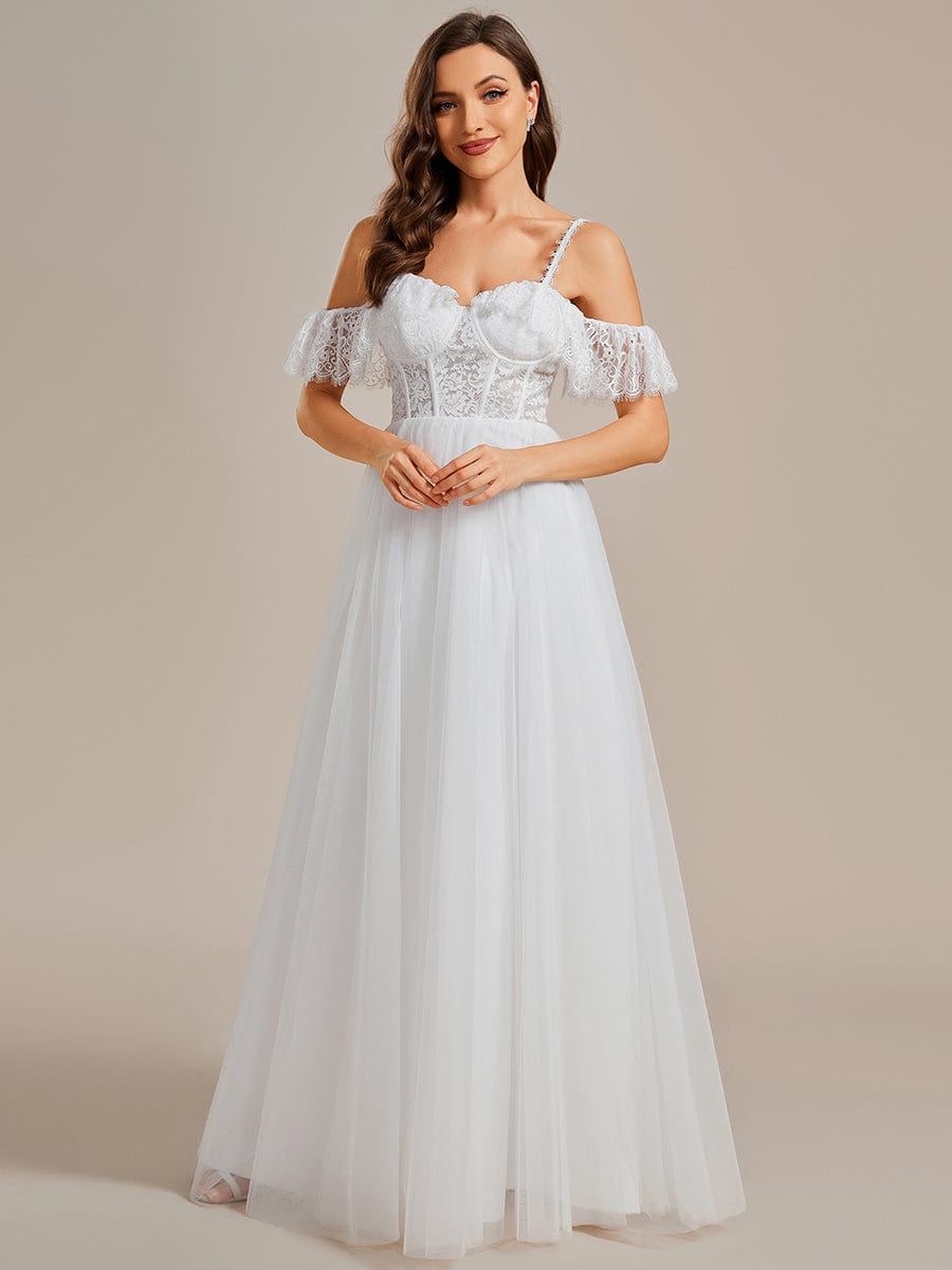 Romantic See-Through Lace Bodice Spaghetti Strap Short Sleeve Tulle Wedding Dress #color_White