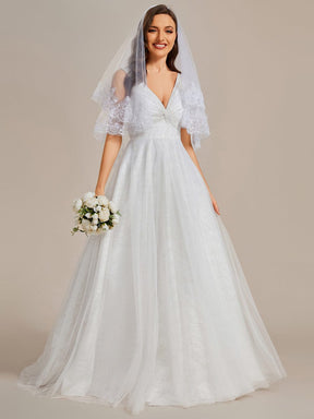Classical Tulle Glittery Pleated Double V-Neck A-Line Wedding Dress with Train