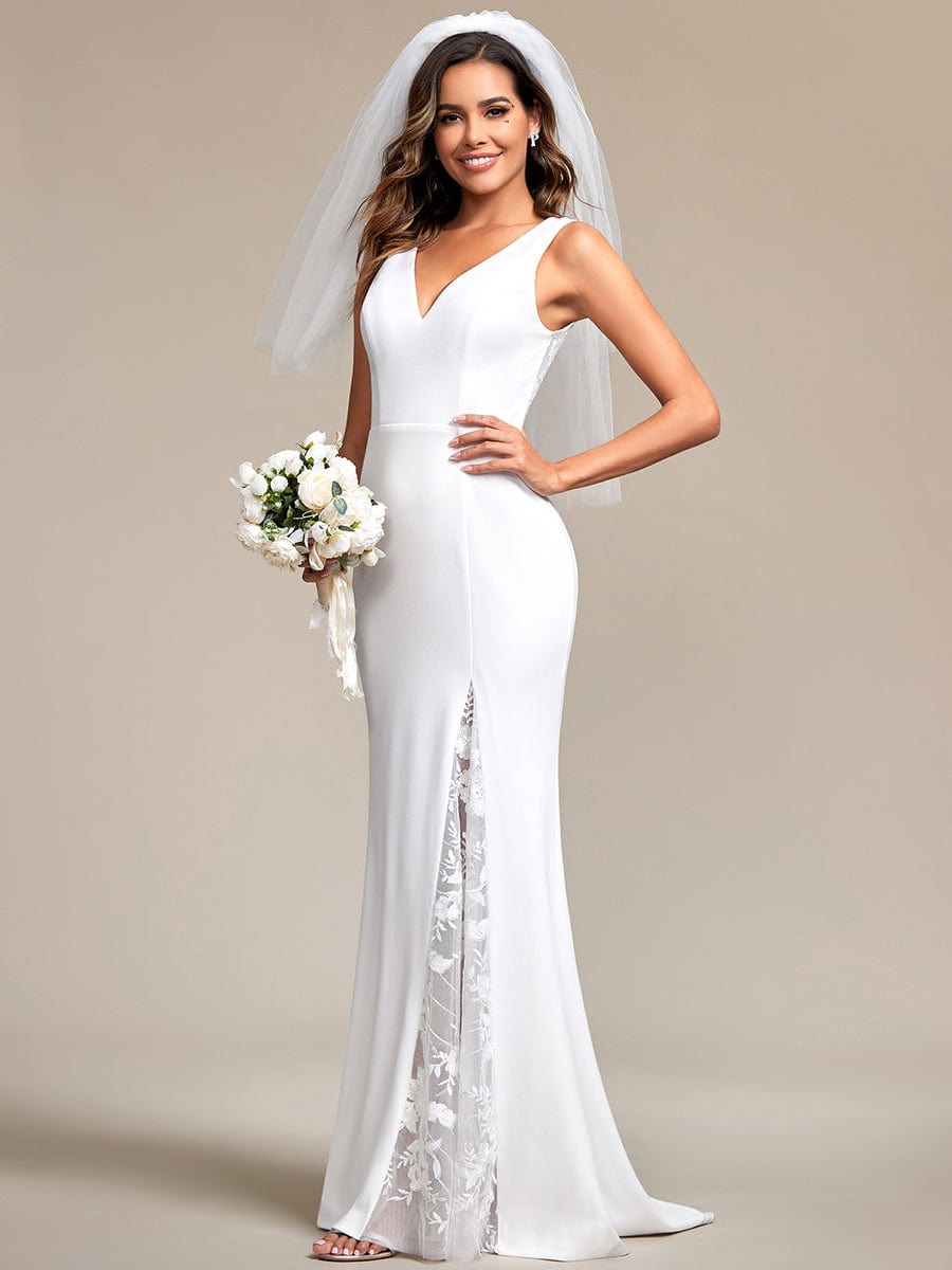 Sleeveless Polyester Mermaid Wedding Dress with Lace-Adorned Back #color_White